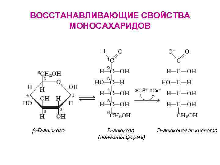 ВОССТАНАВЛИВАЮЩИЕ СВОЙСТВА МОНОСАХАРИДОВ β-D-глюкоза (линейная форма) D-глюконовая кислота 