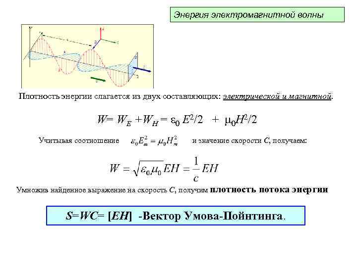 Энергия электромагнитной волны Плотность энергии слагается из двух составляющих: электрической и магнитной. W= WE