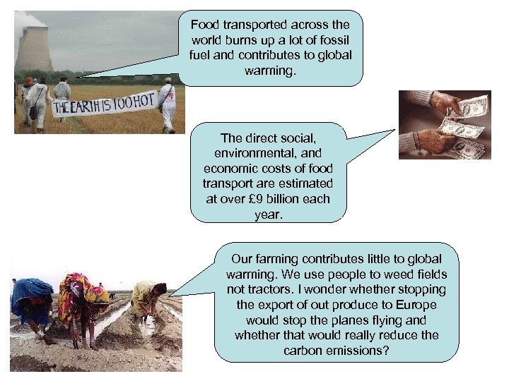 Food transported across the world burns up a lot of fossil fuel and contributes