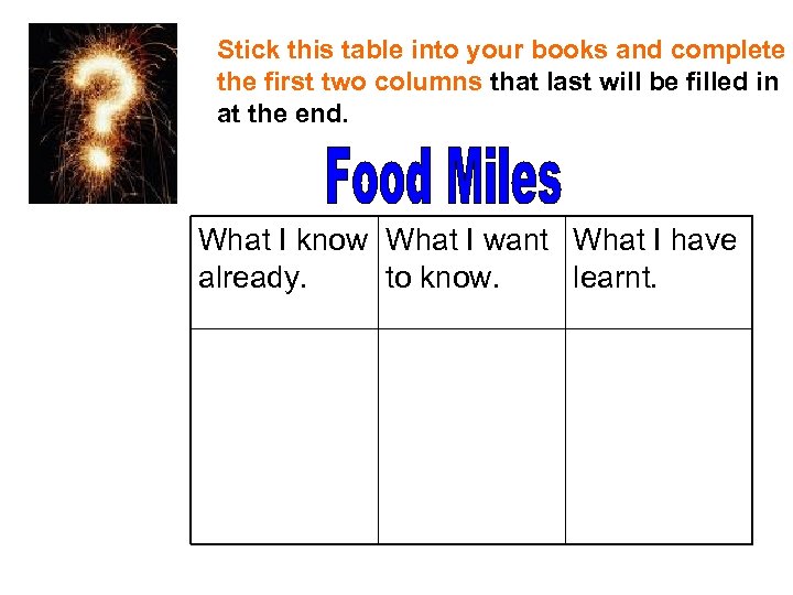 Stick this table into your books and complete the first two columns that last