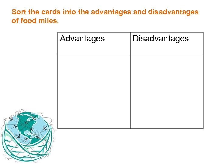 Sort the cards into the advantages and disadvantages of food miles. Advantages Disadvantages 