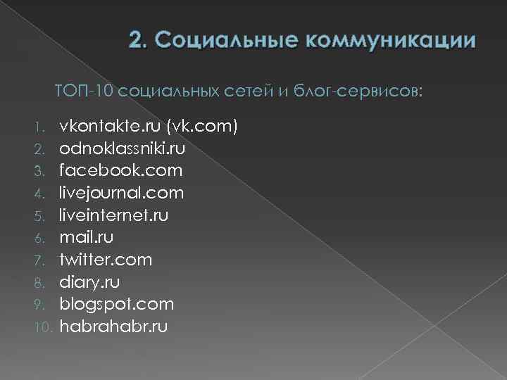 2. Социальные коммуникации ТОП-10 социальных сетей и блог-сервисов: 1. 2. 3. 4. 5. 6.