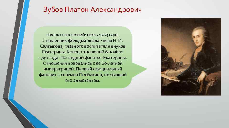 Зубов Платон Александрович Начало отношений: июль 1789 года. Ставленник фельдмаршала князя Н. И. Салтыкова,