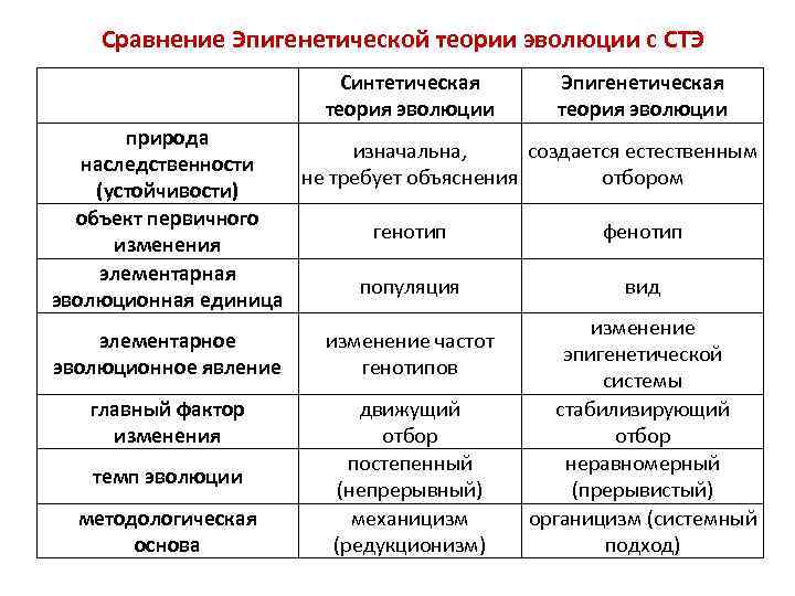 Сравнение Эпигенетической теории эволюции с СТЭ Синтетическая теория эволюции Эпигенетическая теория эволюции природа изначальна,