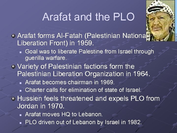 Arafat and the PLO Arafat forms Al-Fatah (Palestinian National Liberation Front) in 1959. n