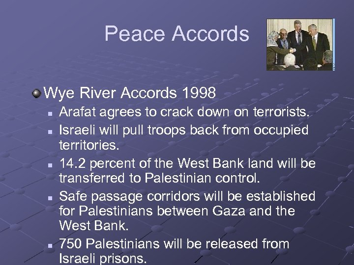 Peace Accords Wye River Accords 1998 n n n Arafat agrees to crack down
