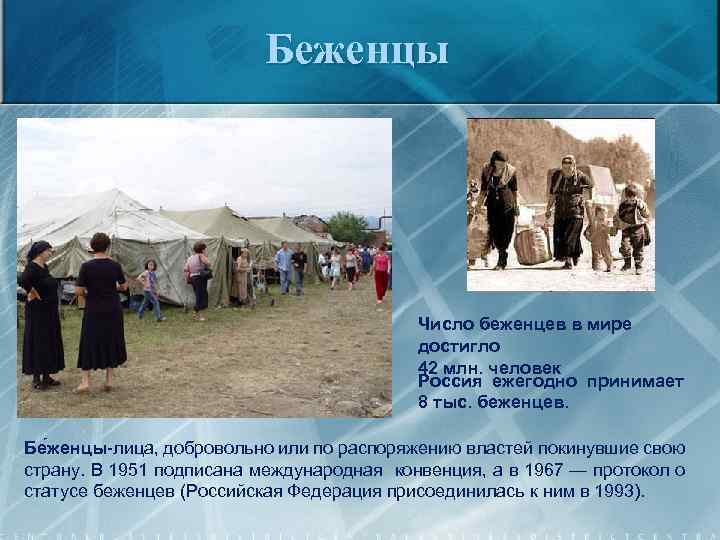 Беженцы Число беженцев в мире достигло 42 млн. человек Россия ежегодно принимает 8 тыс.