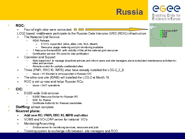Russia • ROC: Four of eight sites were connected. LCG 2 based middleware participate