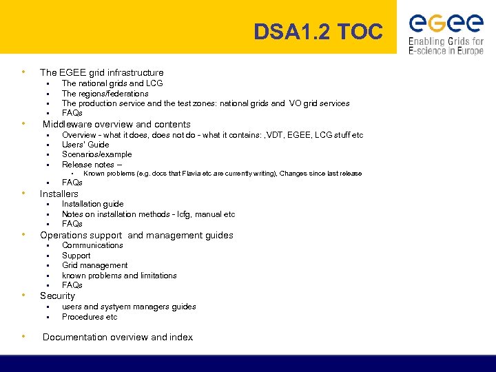 DSA 1. 2 TOC • • The EGEE grid infrastructure § § The national