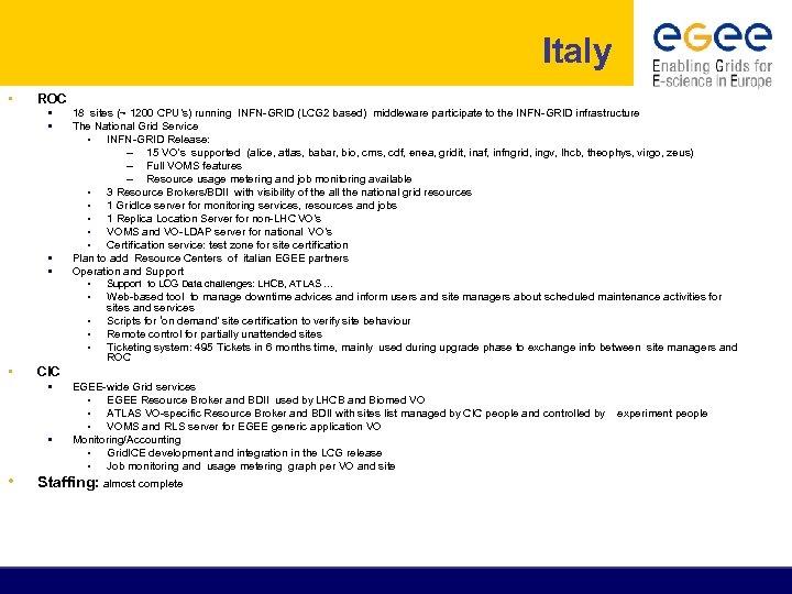 Italy • ROC § § 18 sites (~ 1200 CPU’s) running INFN-GRID (LCG 2