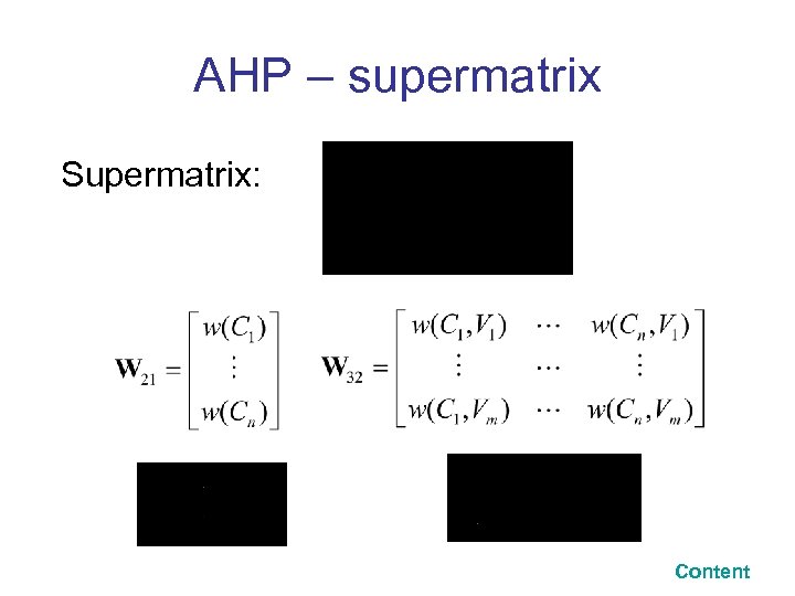 AHP – supermatrix Supermatrix: Content 
