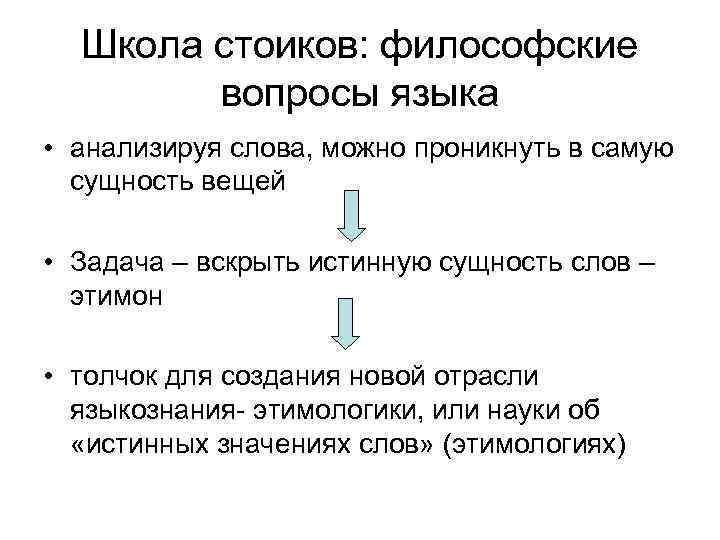 Школа стоиков: философские вопросы языка • анализируя слова, можно проникнуть в самую сущность вещей