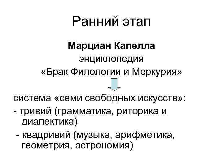Ранний этап Марциан Капелла энциклопедия «Брак Филологии и Меркурия» система «семи свободных искусств» :
