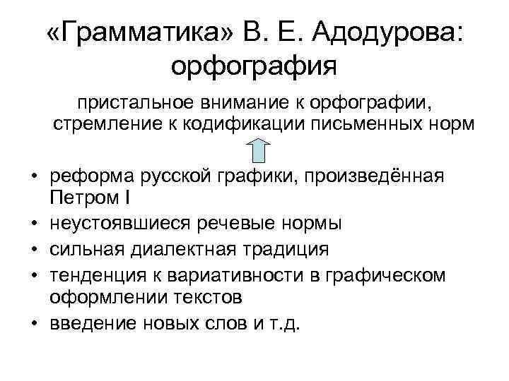  «Грамматика» В. Е. Адодурова: орфография пристальное внимание к орфографии, стремление к кодификации письменных