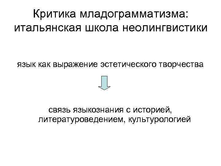 Критика младограмматизма: итальянская школа неолингвистики язык как выражение эстетического творчества связь языкознания с историей,