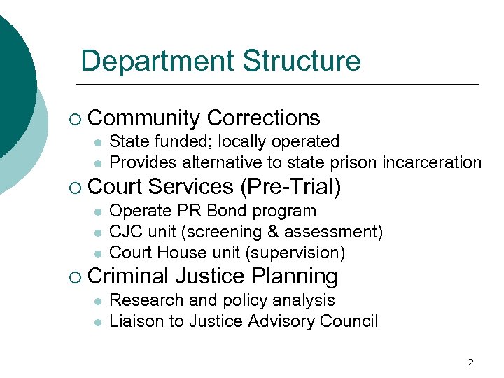 Department Structure ¡ Community l l State funded; locally operated Provides alternative to state