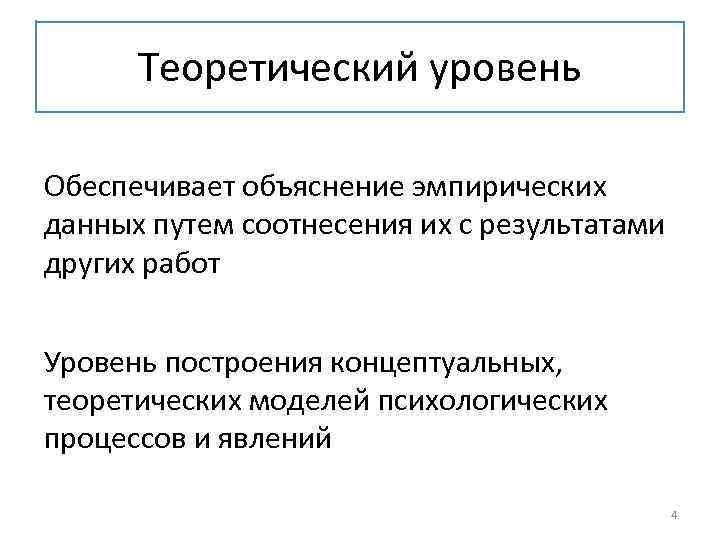 Теоретический уровень Обеспечивает объяснение эмпирических данных путем соотнесения их с результатами других работ Уровень