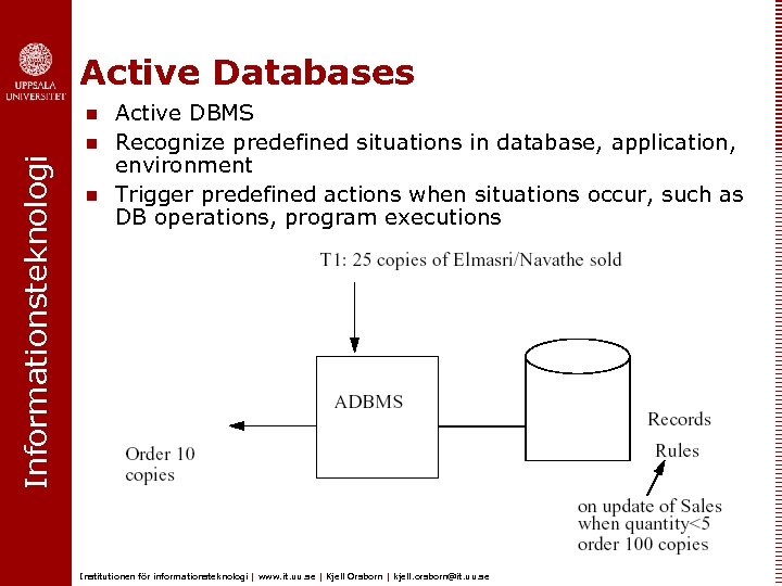 Active Databases n Informationsteknologi n n Active DBMS Recognize predefined situations in database, application,