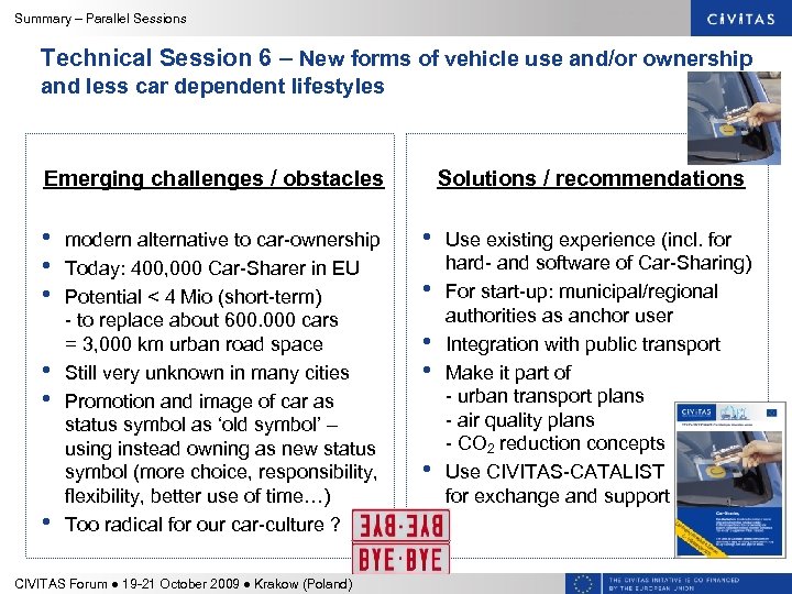 Summary – Parallel Sessions Technical Session 6 – New forms of vehicle use and/or