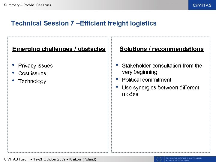 Summary – Parallel Sessions Technical Session 7 –Efficient freight logistics Emerging challenges / obstacles