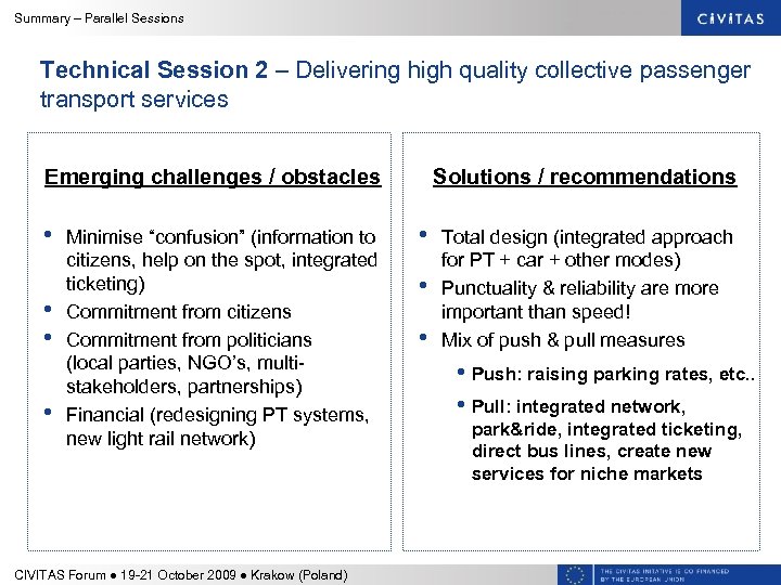 Summary – Parallel Sessions Technical Session 2 – Delivering high quality collective passenger transport