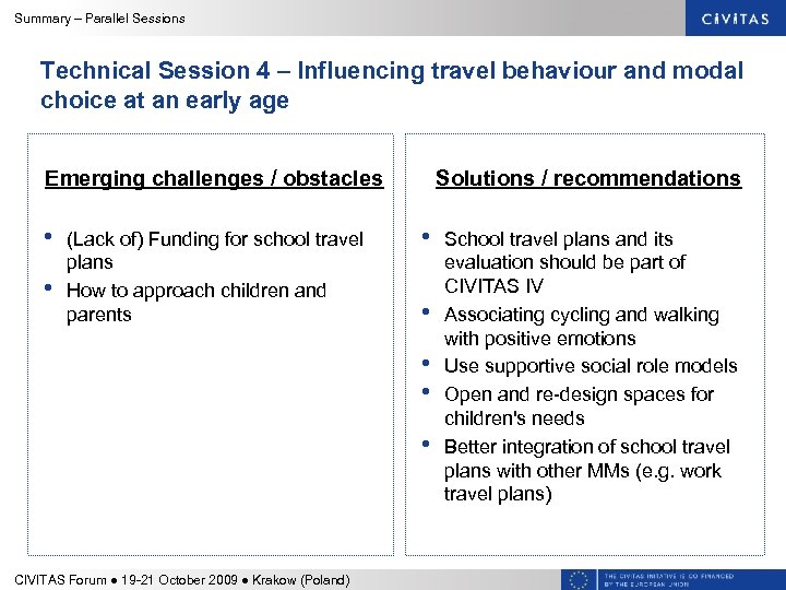 Summary – Parallel Sessions Technical Session 4 – Influencing travel behaviour and modal choice