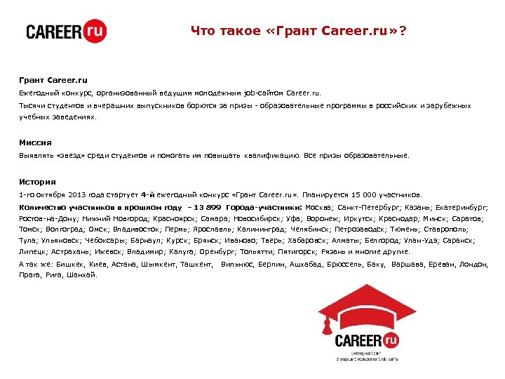 Что такое «Грант Career. ru» ? Грант Career. ru Ежегодный конкурс, организованный ведущим молодежным