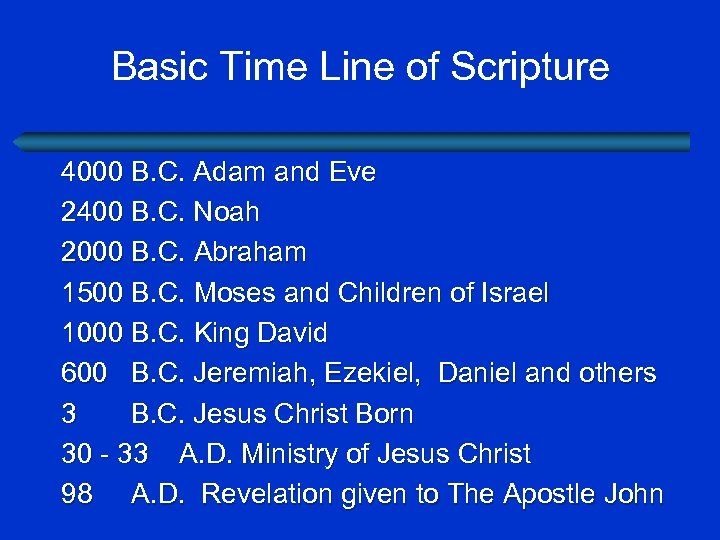 Basic Time Line of Scripture 4000 B. C. Adam and Eve 2400 B. C.