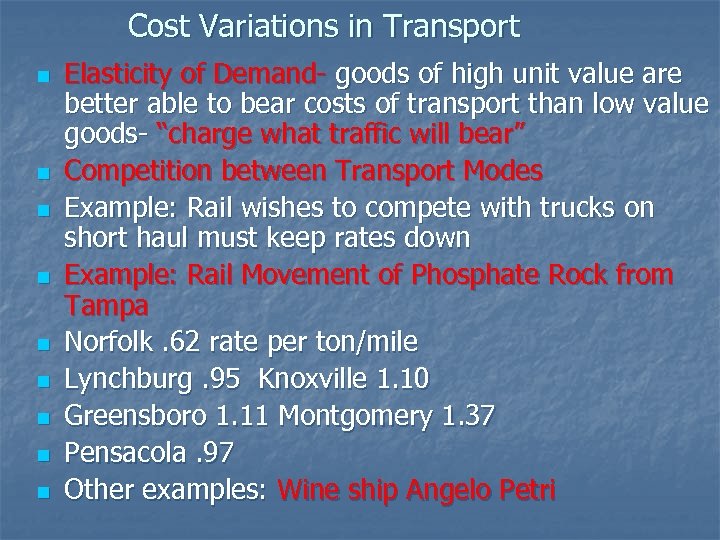 Cost Variations in Transport n n n n n Elasticity of Demand- goods of