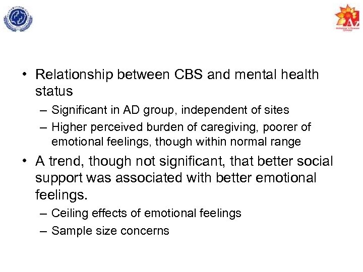  • Relationship between CBS and mental health status – Significant in AD group,