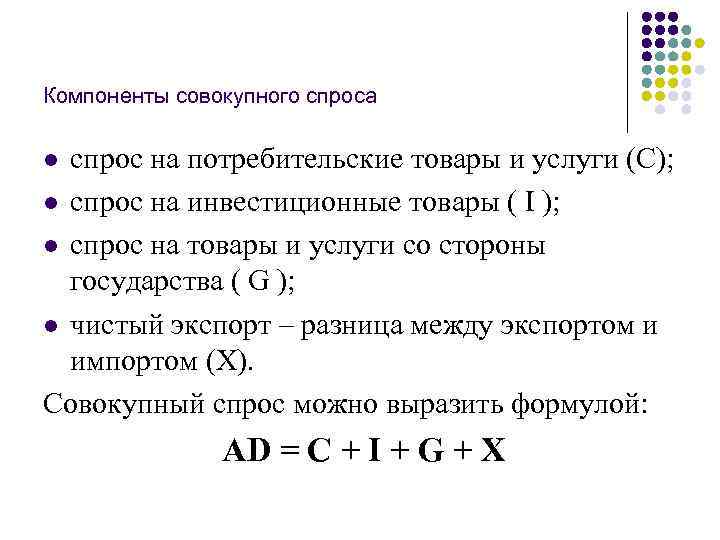 Компоненты совокупного спроса спрос на потребительские товары и услуги (C); l спрос на инвестиционные