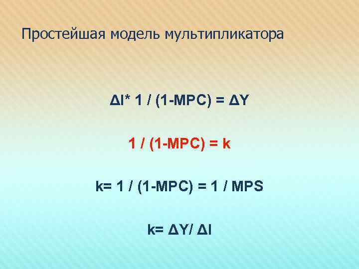Простейшая модель мультипликатора ΔI* 1 / (1 -MPC) = ΔY 1 / (1 -MPC)