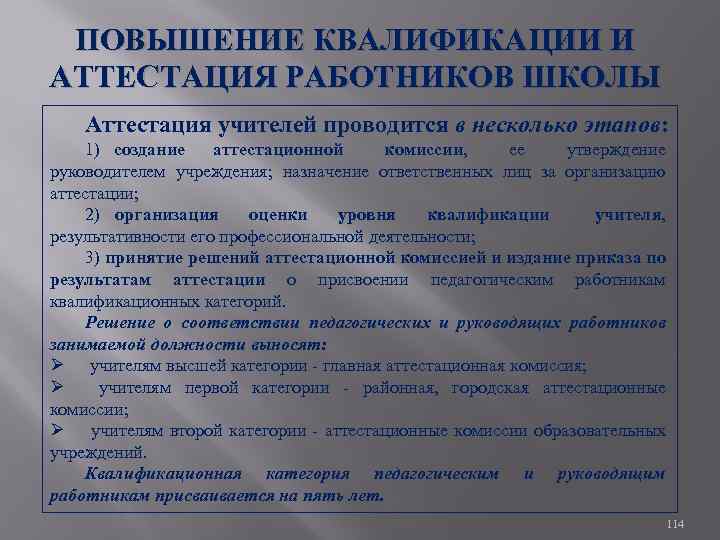 ПОВЫШЕНИЕ КВАЛИФИКАЦИИ И АТТЕСТАЦИЯ РАБОТНИКОВ ШКОЛЫ Аттестация учителей проводится в несколько этапов: 1) создание