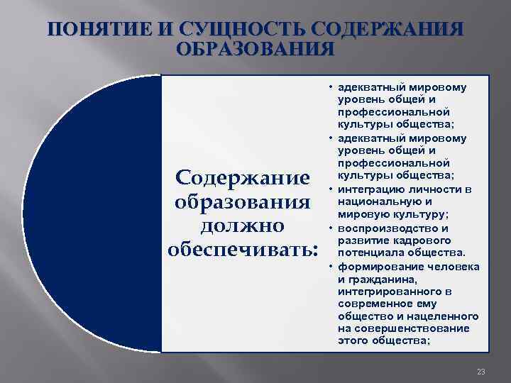 ПОНЯТИЕ И СУЩНОСТЬ СОДЕРЖАНИЯ ОБРАЗОВАНИЯ Содержание образования должно обеспечивать: • адекватный мировому уровень общей