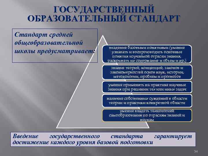 ГОСУДАРСТВЕННЫЙ ОБРАЗОВАТЕЛЬНЫЙ СТАНДАРТ Стандарт средней общеобразовательной школы предусматривает: владение базовыми понятиями (умение узнавать и