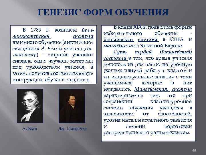 ГЕНЕЗИС ФОРМ ОБУЧЕНИЯ В 1789 г. возникла белл ланкастерская система взаимного обучения (английский священник