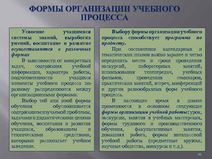 ФОРМЫ ОРГАНИЗАЦИИ УЧЕБНОГО ПРОЦЕССА Усвоение учащимися системы знаний, выработка умений, воспитание и развитие осуществляются