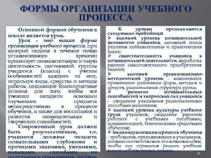 ФОРМЫ ОРГАНИЗАЦИИ УЧЕБНОГО ПРОЦЕССА Основной формой обучения в школе является урок. Урок это такая