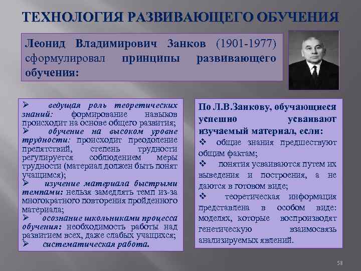 ТЕХНОЛОГИЯ РАЗВИВАЮЩЕГО ОБУЧЕНИЯ Леонид Владимирович 3 анков (1901 1977) сформулировал принципы развивающего обучения: Ø