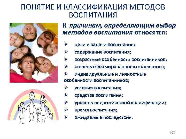 ПОНЯТИЕ И КЛАССИФИКАЦИЯ МЕТОДОВ ВОСПИТАНИЯ К причинам, определяющим выбор методов воспитания относятся: Ø цели