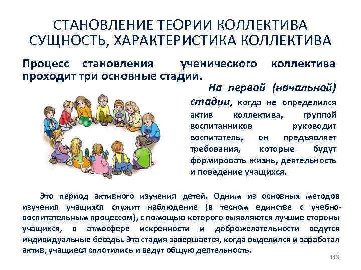 СТАНОВЛЕНИЕ ТЕОРИИ КОЛЛЕКТИВА СУЩНОСТЬ, ХАРАКТЕРИСТИКА КОЛЛЕКТИВА Процесс становления ученического проходит три основные стадии. коллектива