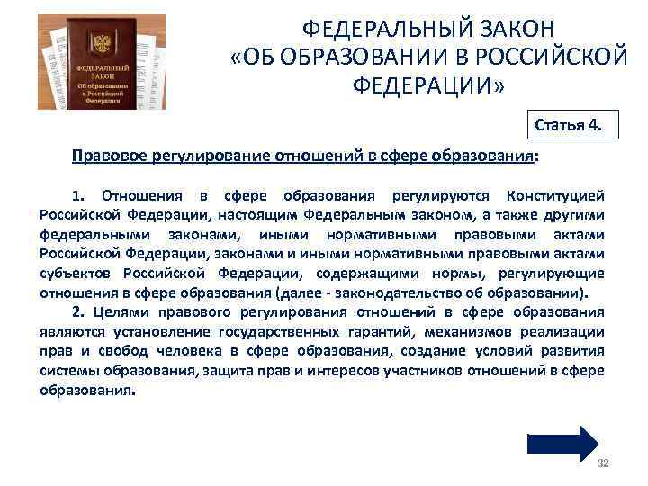 ФЕДЕРАЛЬНЫЙ ЗАКОН «ОБ ОБРАЗОВАНИИ В РОССИЙСКОЙ ФЕДЕРАЦИИ» Статья 4. Правовое регулирование отношений в сфере