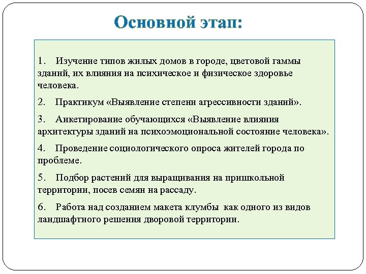 Основной этап: 1. Изучение типов жилых домов в городе, цветовой гаммы зданий, их влияния