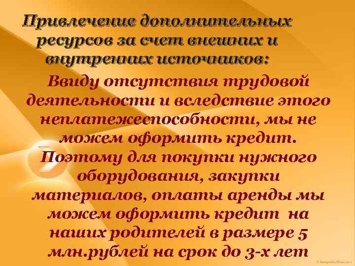 Привлечение дополнительных ресурсов за счет внешних и внутренних источников: Ввиду отсутствия трудовой деятельности и