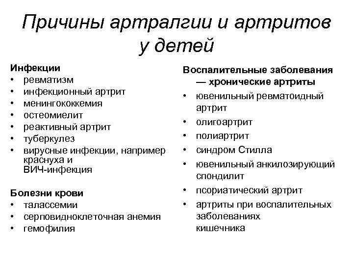 Причины артралгии и артритов у детей Инфекции • ревматизм • инфекционный артрит • менингококкемия