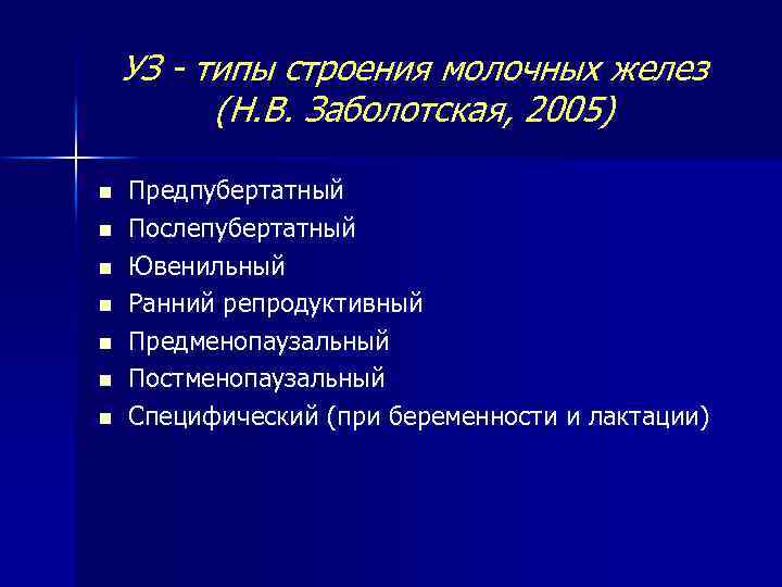 УЗ - типы строения молочных желез (Н. В. Заболотская, 2005) n n n n