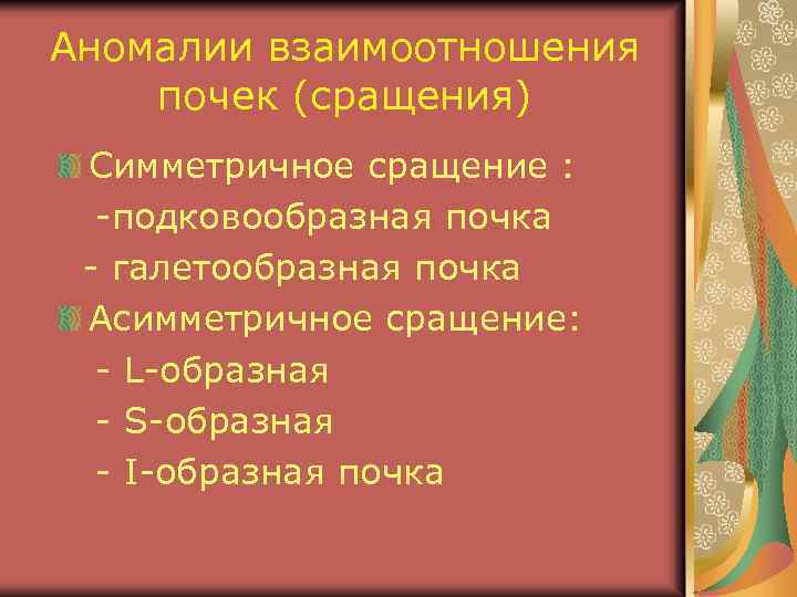 Аномалии взаимоотношения почек (сращения) Симметричное сращение : -подковообразная почка - галетообразная почка Асимметричное сращение: