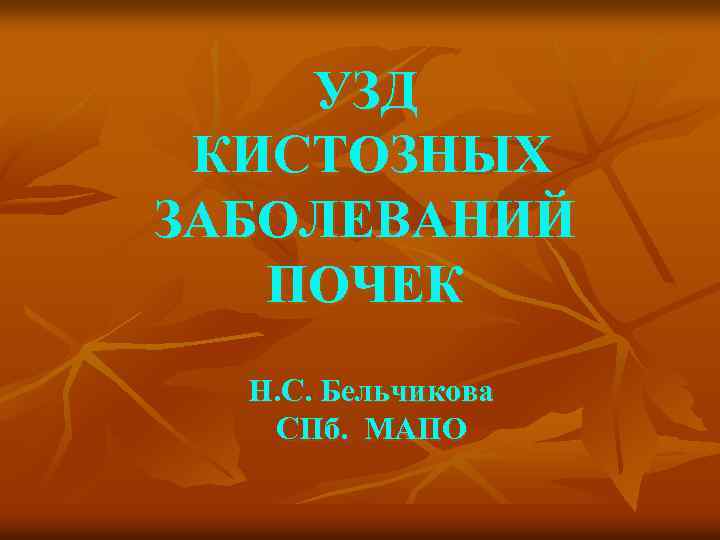УЗД КИСТОЗНЫХ ЗАБОЛЕВАНИЙ ПОЧЕК Н. С. Бельчикова СПб. МАПО 