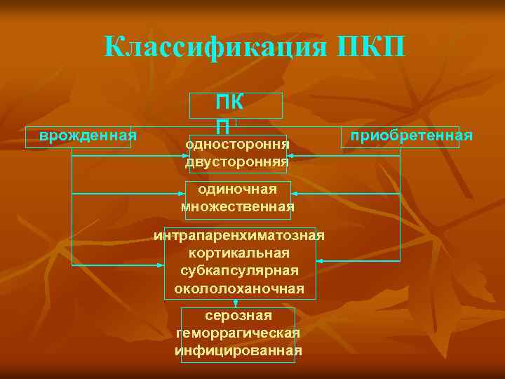 Классификация ПКП врожденная ПК П одностороння двусторонняя одиночная множественная интрапаренхиматозная кортикальная субкапсулярная окололоханочная серозная