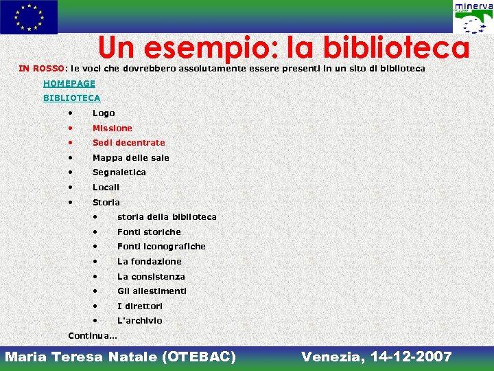 Un esempio: la biblioteca IN ROSSO: le voci che dovrebbero assolutamente essere presenti in